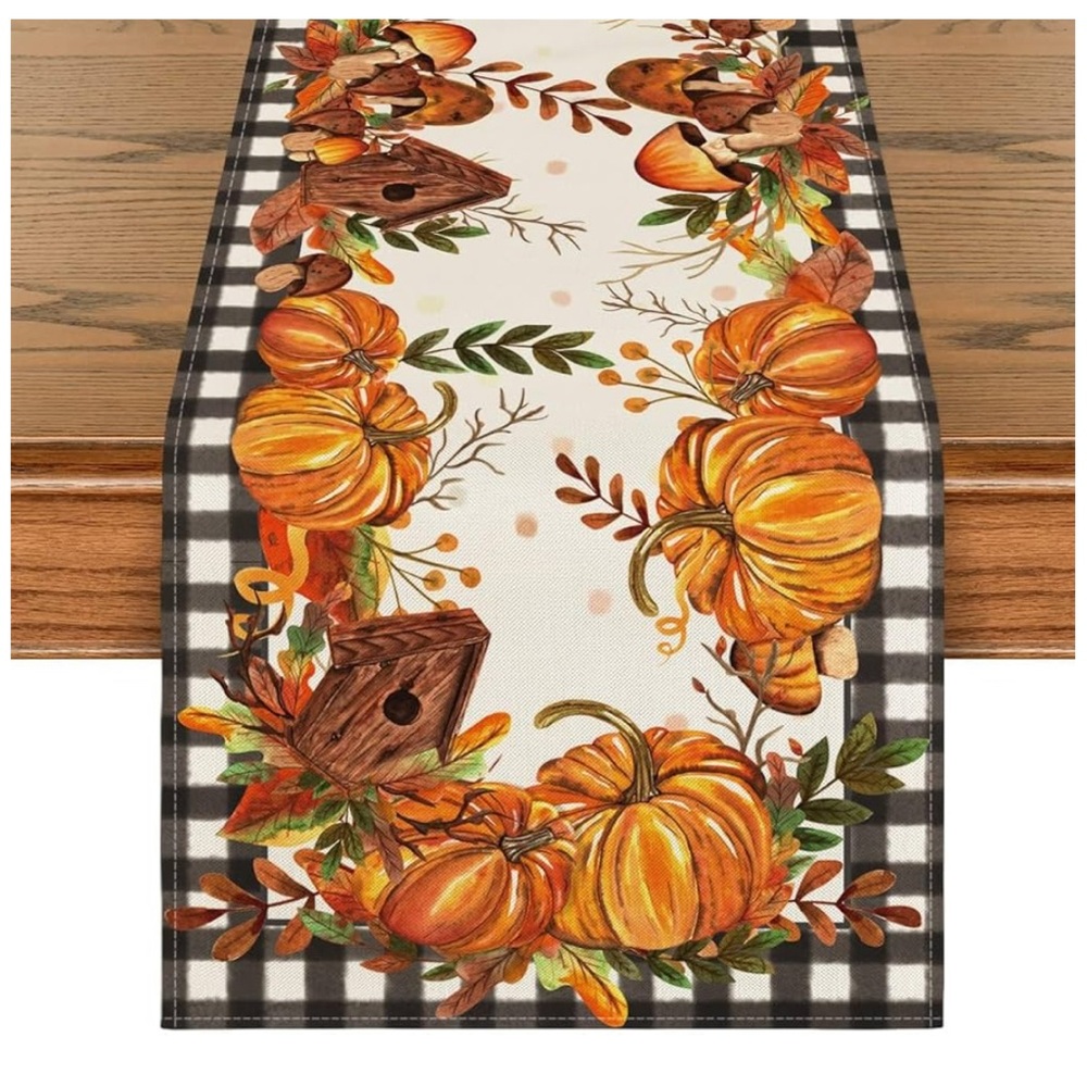Buffalo Plaid Pumpkins Mushrooms Birdhouse Leaves Table Runner,13 x 72,Seasonal